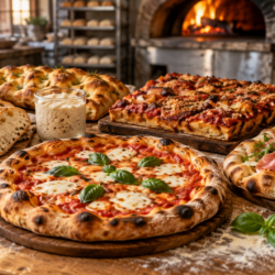 Pizza, Pinsa, Sfincione, Ciabatta und Focaccia auf einem rustikalen Backtisch